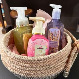 Bath and Body works basket : Includes 3 hand soaps